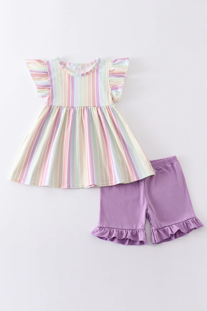 (Custom Design Preorder MOQ 5) Colorful Stripes Print Tunic Top Purple Shorts Girls Summer Clothes Set