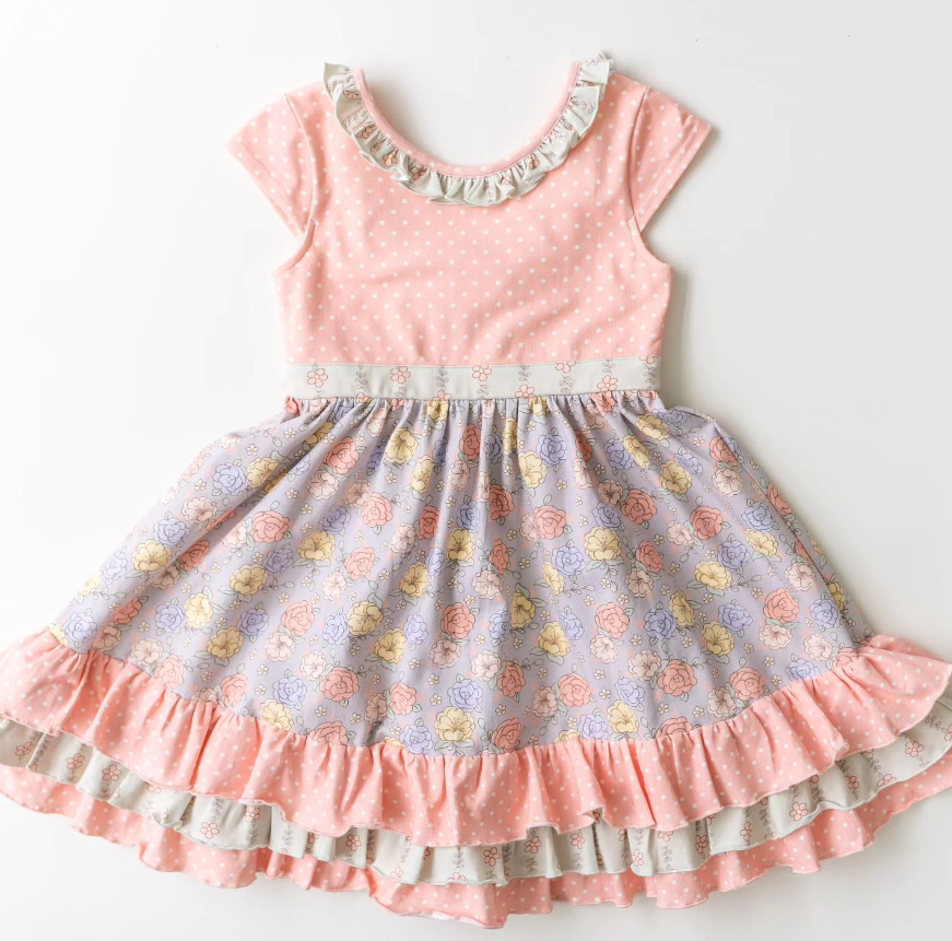 (Custom Design Preorder MOQ 5) Pink Flowers Print Ruffles Girls Knee Length Summer Dress