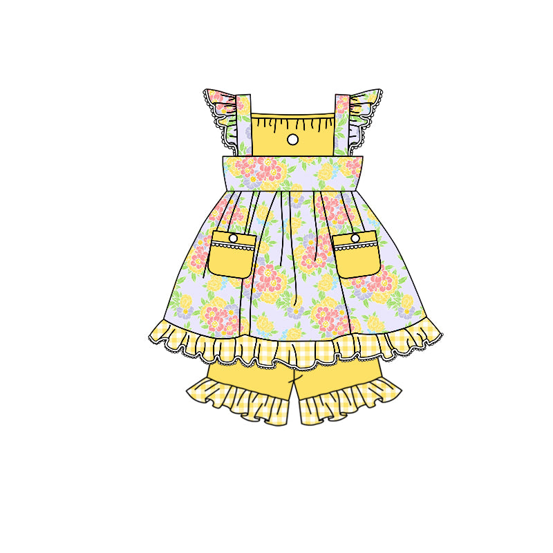 (Custom Design Preorder MOQ 5) Yellow Flowers Print Pockets Top Ruffle Shorts Girls Summer Clothes Set