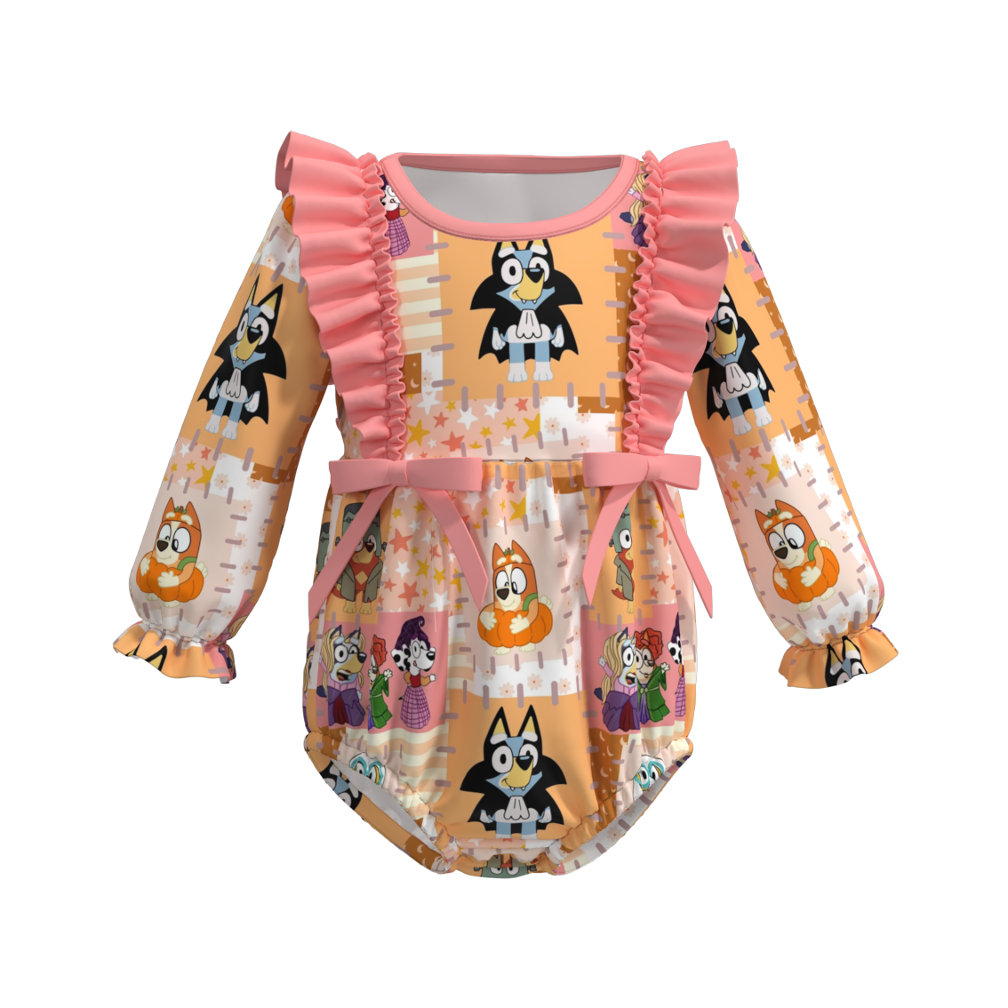 (Custom Design Preorder MOQ 5) Cartoon Dog Pumpkin Print Baby Girls Halloween Romper