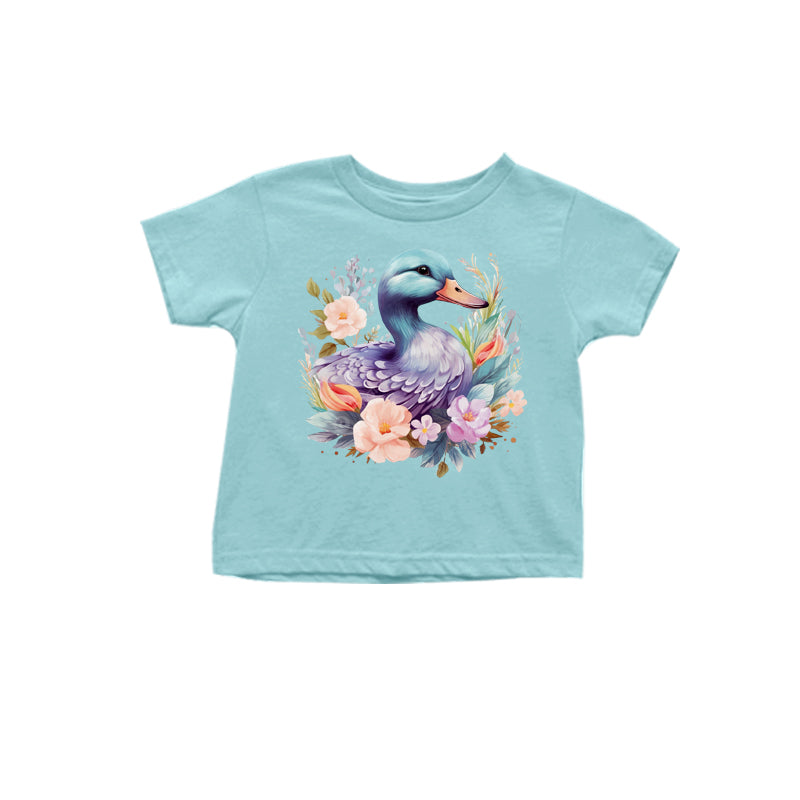 11.11(Custom Design Preorder MOQ 5) Duck Flowers Blue Print Girls Summer Tee Shirts Top