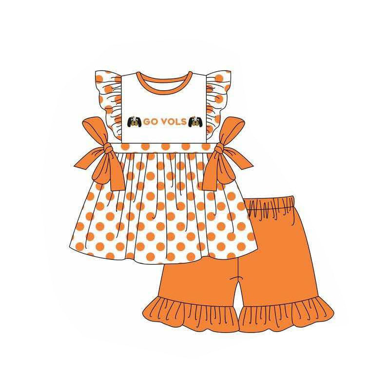 (Custom Design Preorder MOQ 5) Team's GO VOLS Dots Tunic Top Orange Shorts Girls Summer Clothes Set
