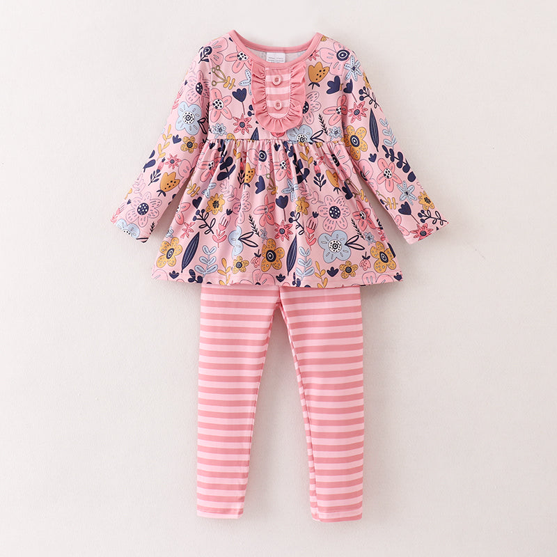 (Custom Design Preorder MOQ 5) Pink Flowers Tunic Top Stripes Pants Girls Fall Clothes Set