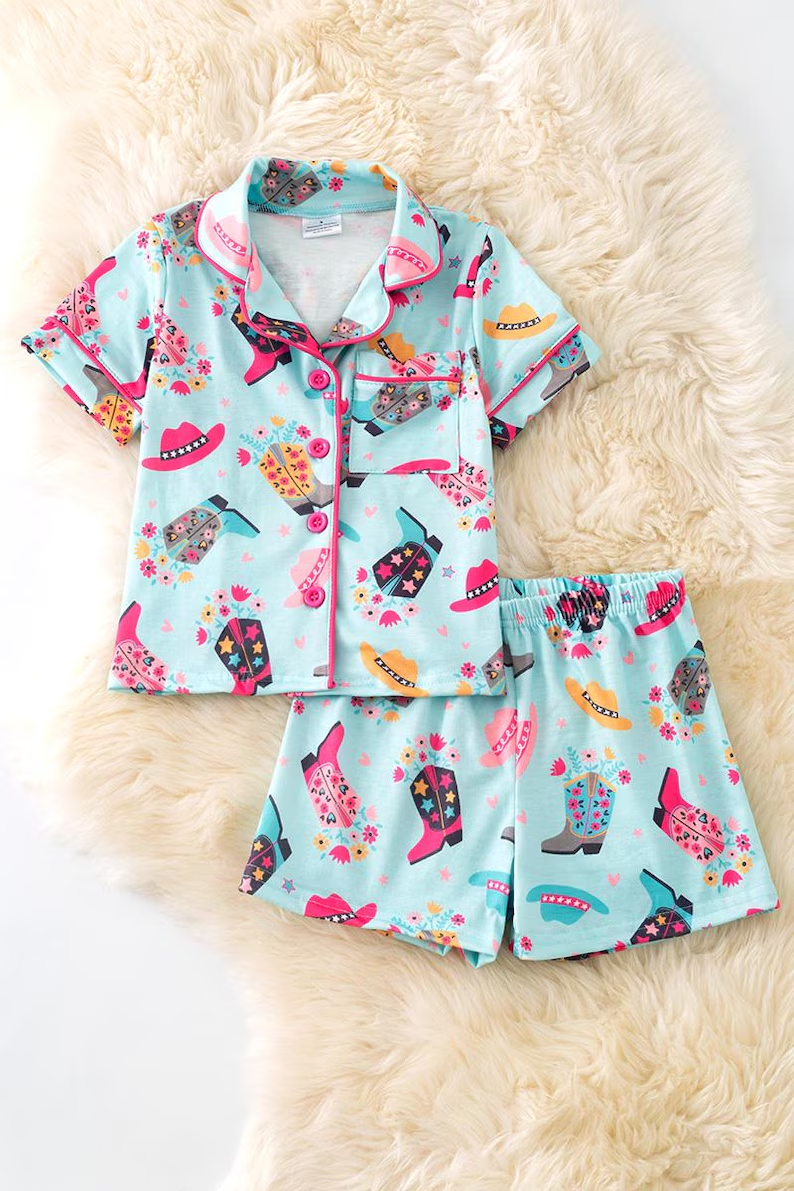 (Custom Design Preorder MOQ 5 Each Design) Flowers Boots Hat Print Summer Pajamas Outfits Mom and Me Matching Clothes