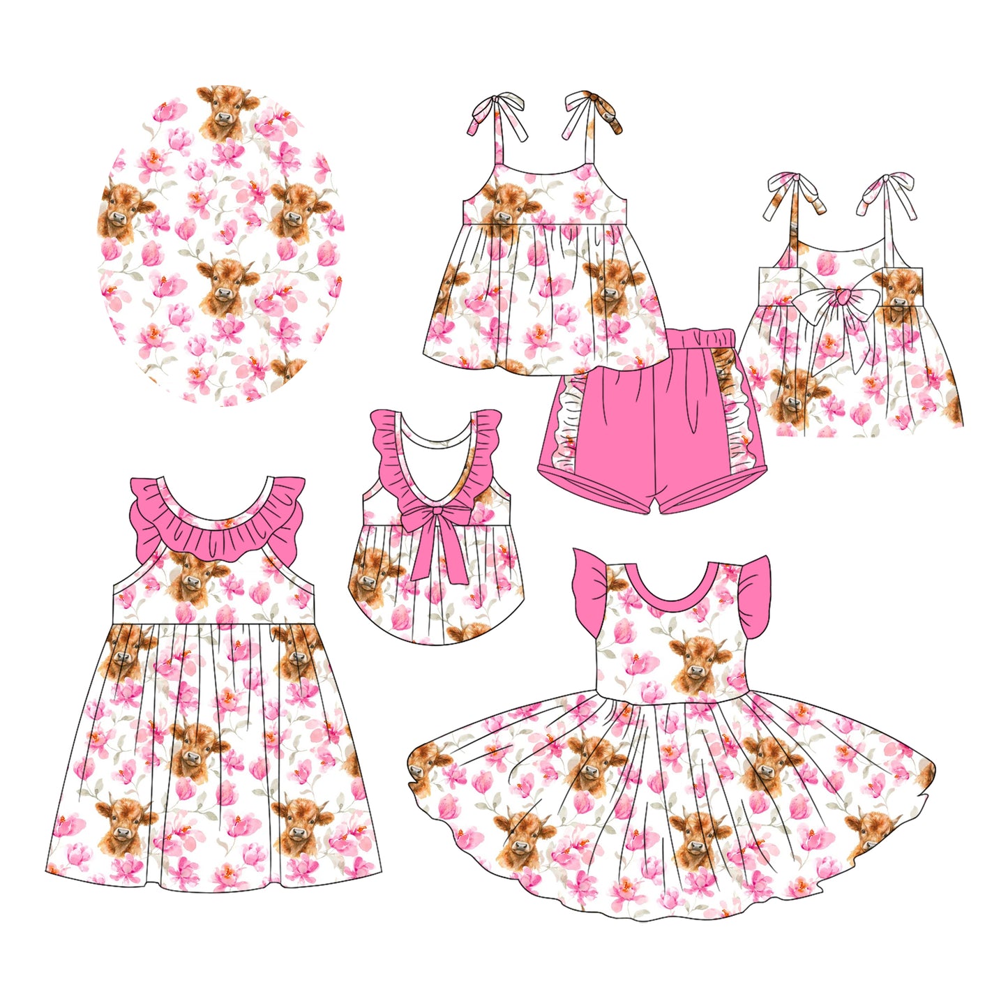 2.20(Custom Design Preorder MOQ 5 Each Design) Highland Cow Flowers Print Girls Summer Matching Clothes Sisters Wear