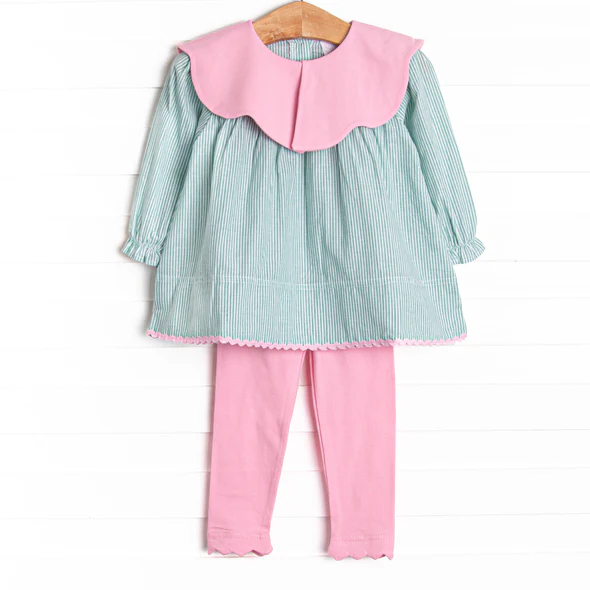 (Custom Design Preorder MOQ 5) Green Stripes Tunic Top Pink Pants Girls Clothes Set