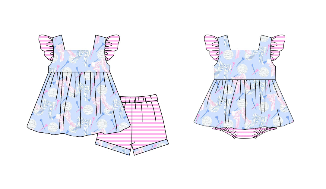 3.10(Custom Design Preorder MOQ 5 Each Design) Golf Bows Print Girls Summer Matching Clothes Sisters Wear