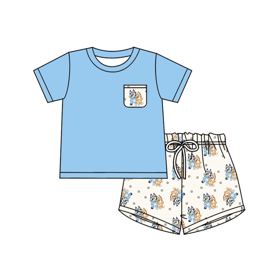 (Custom Design Preorder MOQ 5) Blue Pocket Top Cartoon Dog Shorts Boys Summer Clothes Set