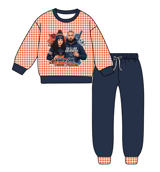 (Custom Design Preorder MOQ 5) Team's Cowboys Plaid Print Navy Pants Kids Fall Clothes Set