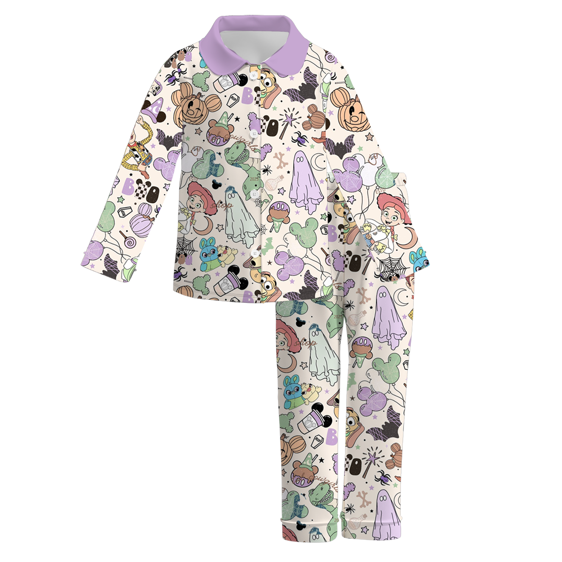 (Custom Design Preorder MOQ 5) Cartoon Toys Pumpkin Print Girls Halloween Buttons Pajamas Clothes Set
