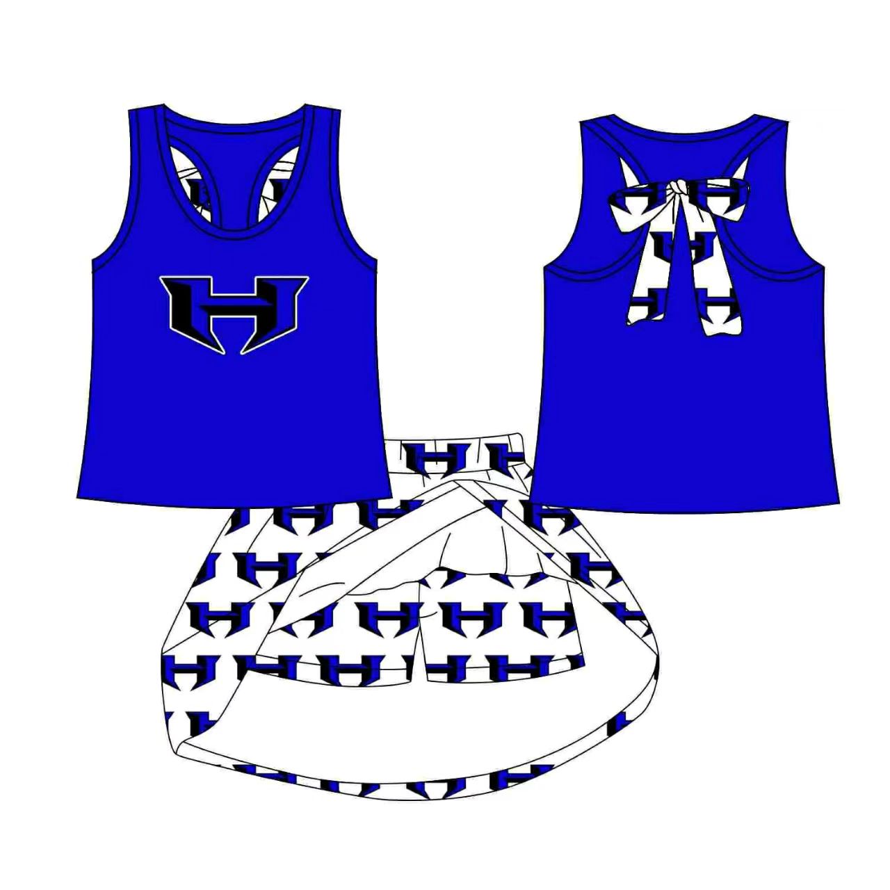 (Custom Design Preorder MOQ 5) Team's H Blue Top Skirts Shorts Girls Clothes Sets