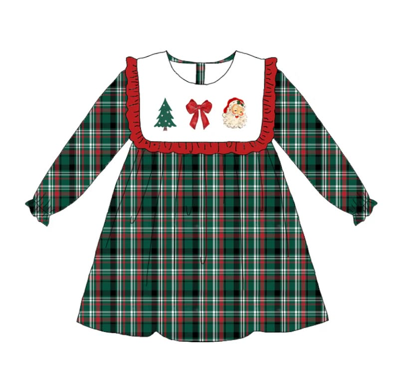 (Custom Design Preorder MOQ 5 ) Santa Candy Cane Plaid Print Girls Christmas Knee Length Dress