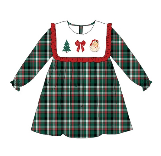 (Custom Design Preorder MOQ 5 ) Santa Candy Cane Plaid Print Girls Christmas Knee Length Dress