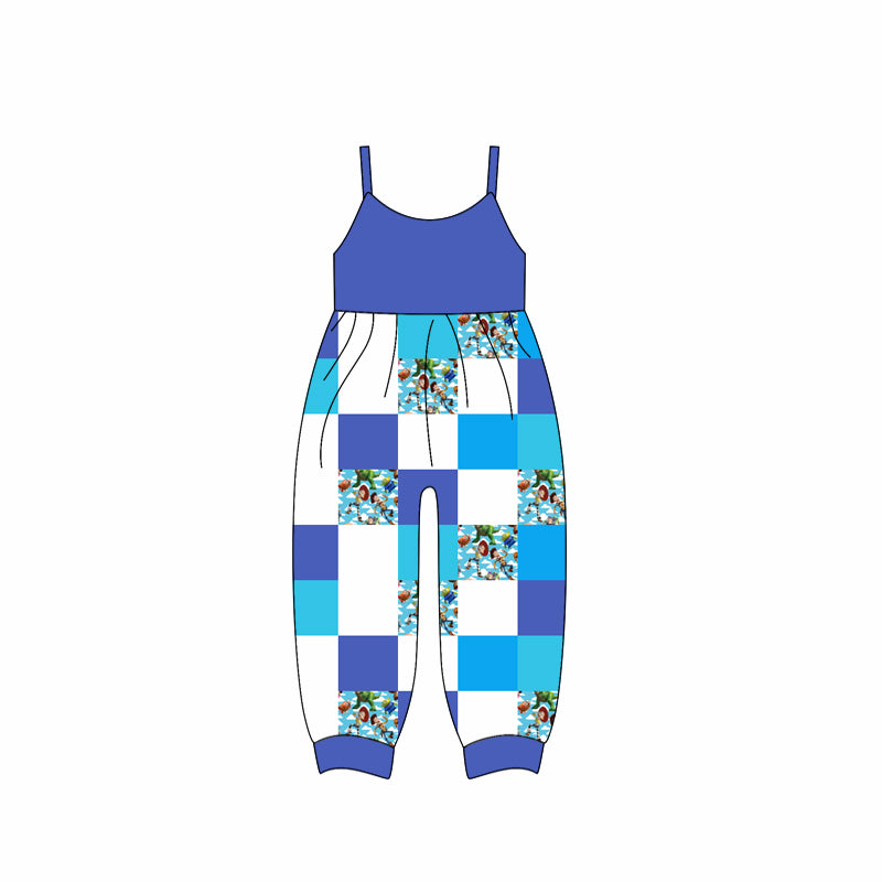 (Custom Design Preorder MOQ 5) Cartoon Toys Blue Plaid Print Girls Summer Jumpsuits