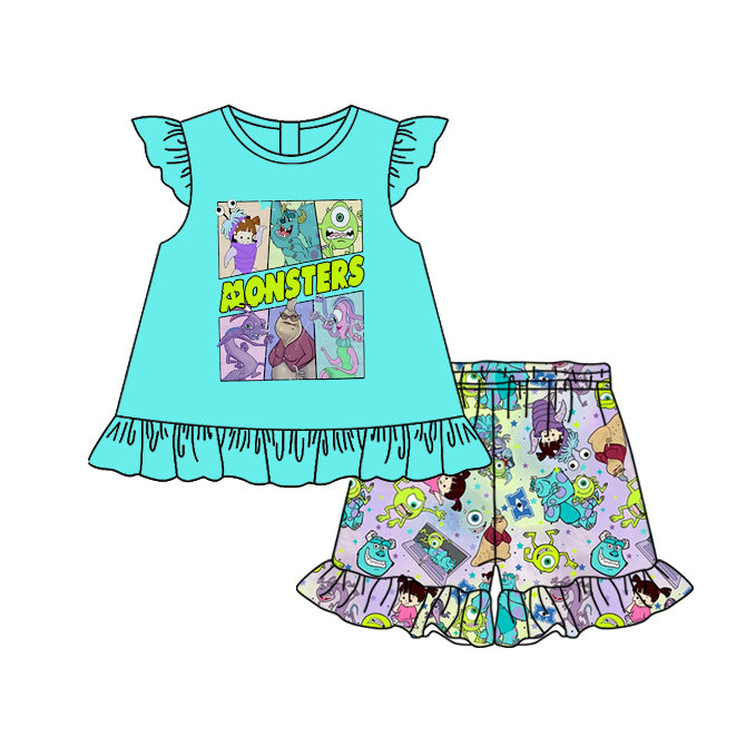 4.14(Custom Design Preorder MOQ 5) Cartoon Monster Print Shorts Girls Summer Clothes Set