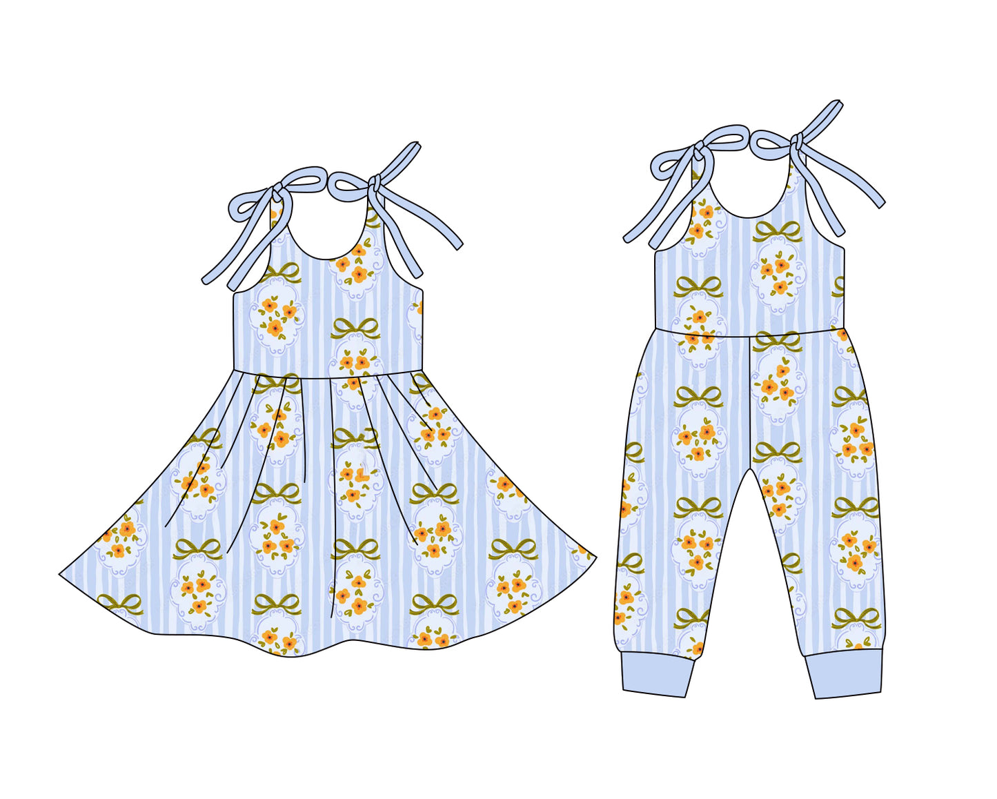 12.24 (Custom Design Preorder MOQ 5 Each Design) Flowers Stripes Print Girls Summer Matching Clothes Sisters Wear