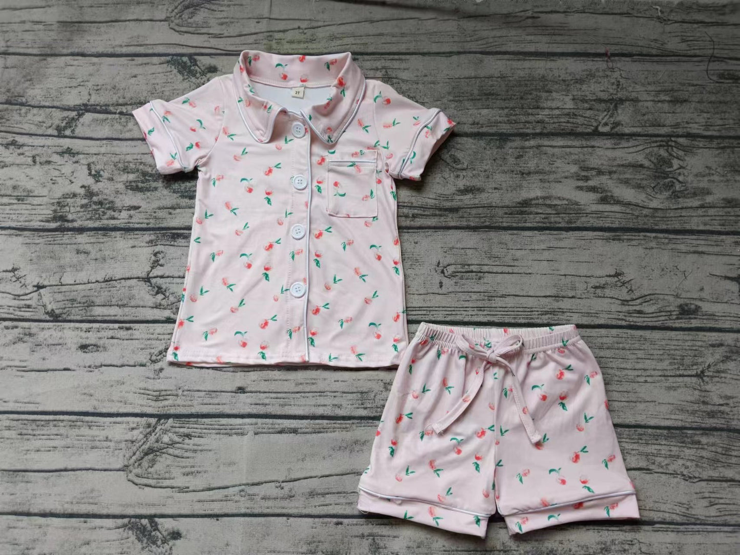 (Custom Design Preorder MOQ 5) Pink Peach Print Girls Summer Pajamas Clothes Set