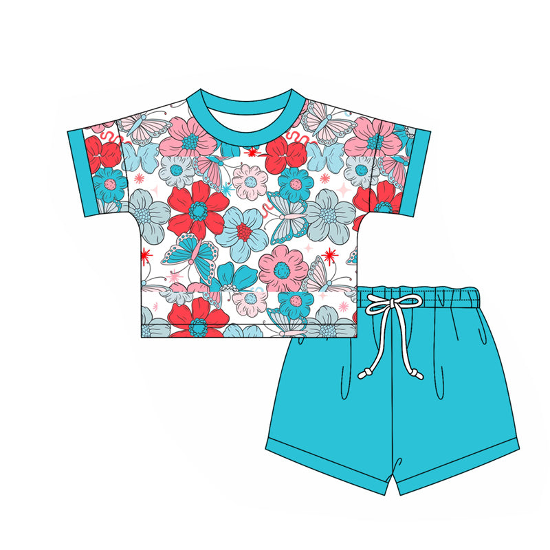 2.24(Custom Design Preorder MOQ 5) Flowers Top Blue Shorts Girls Summer Clothes Set