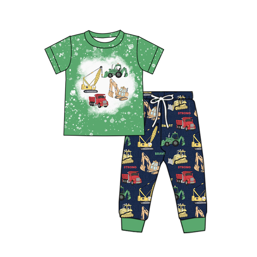 (Custom Design Preorder MOQ 5) Construction Trucks Green Top Pants Boys Clothes Set