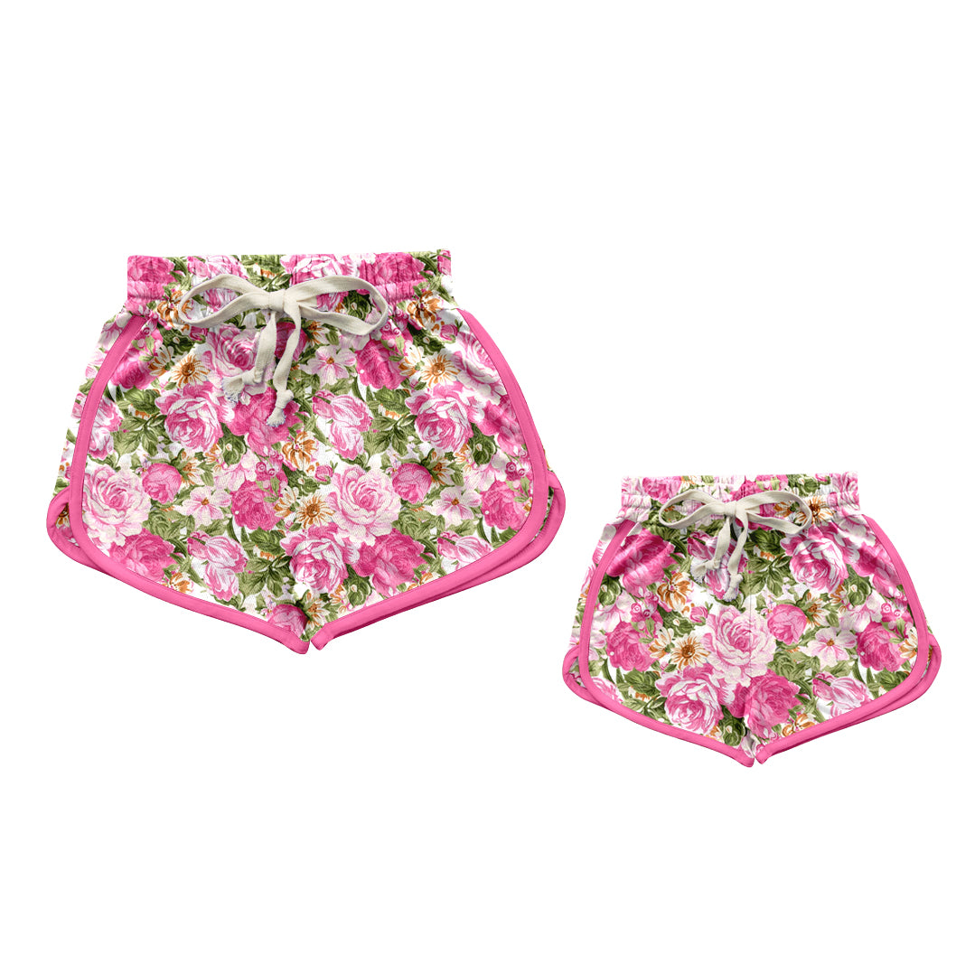 12.10(Custom Design Preorder MOQ 5 Each Design) Pink Flowers Print Summer Shorts Mom and Me Matching Clothes