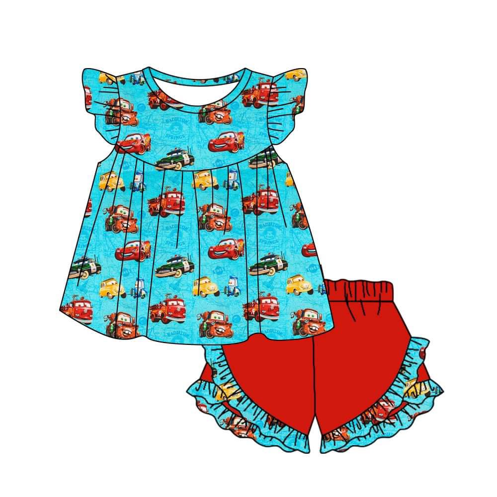 (Custom Design Preorder MOQ 5) Cartoon Cars Top Ruffle Shorts Girls Summer Clothes Set