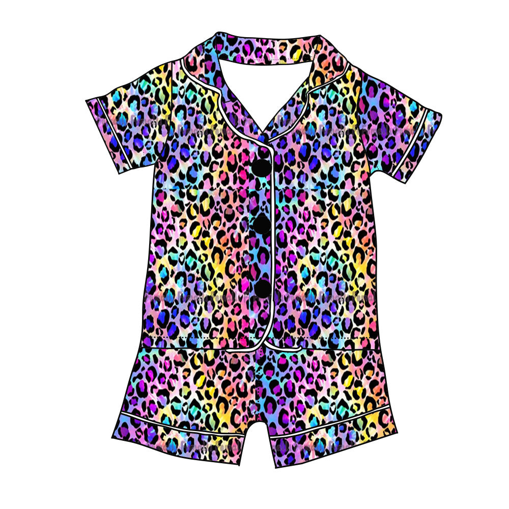 (Custom Design Preorder MOQ 5) Colorful Leopard Print Girls Summer Buttons Pajamas Clothes Set