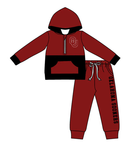 (Custom Design Preorder MOQ 5) Team's Oklahoma Print Hoodie Zipper Top Pockets Pants Boys Fall Clothes Set