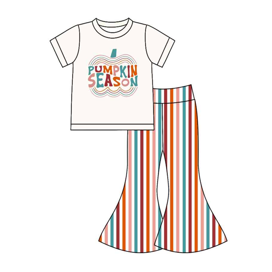 5.1(Custom Design Preorder MOQ 5) Pumpkin Season Top Stripes Bell Pants Girls Fall Clothes Set