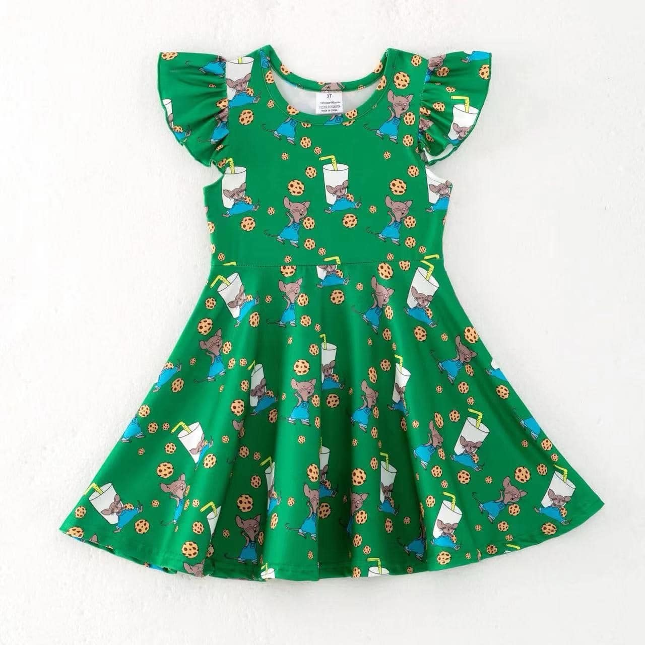 (Custom Design Preorder MOQ 5) Cartoon Mouse Cookie Green Print Girls Summer Knee Length Dress