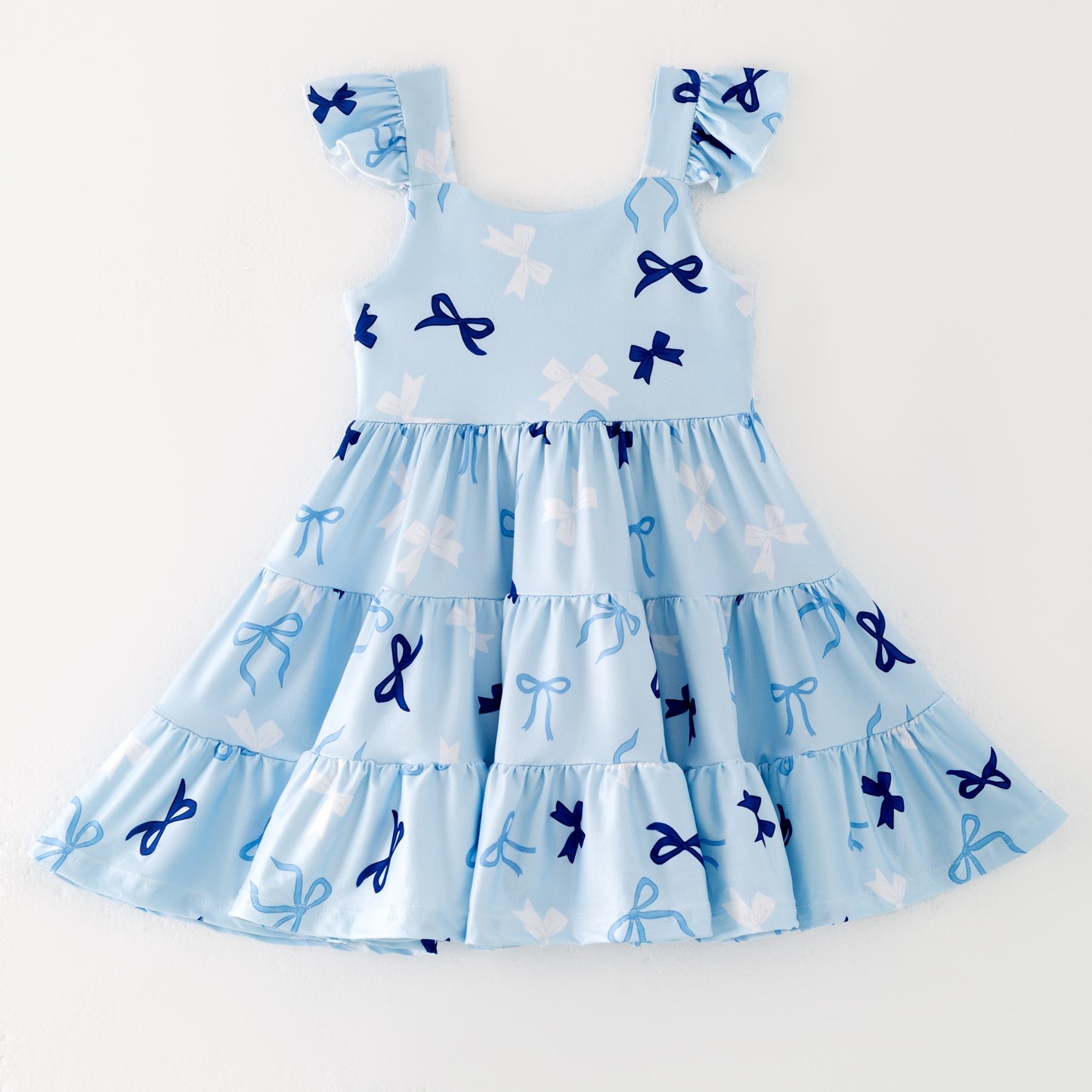 (Custom Design Preorder MOQ 5 ) Blue Bows Print Girls Summer Knee Length Dress