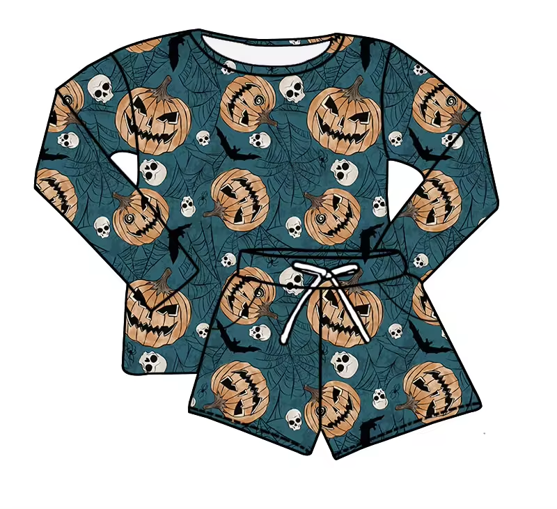 (Custom Design Preorder MOQ 5) Pumpkin Bat Long Sleeve Top Shorts Girls Halloween Clothes Set