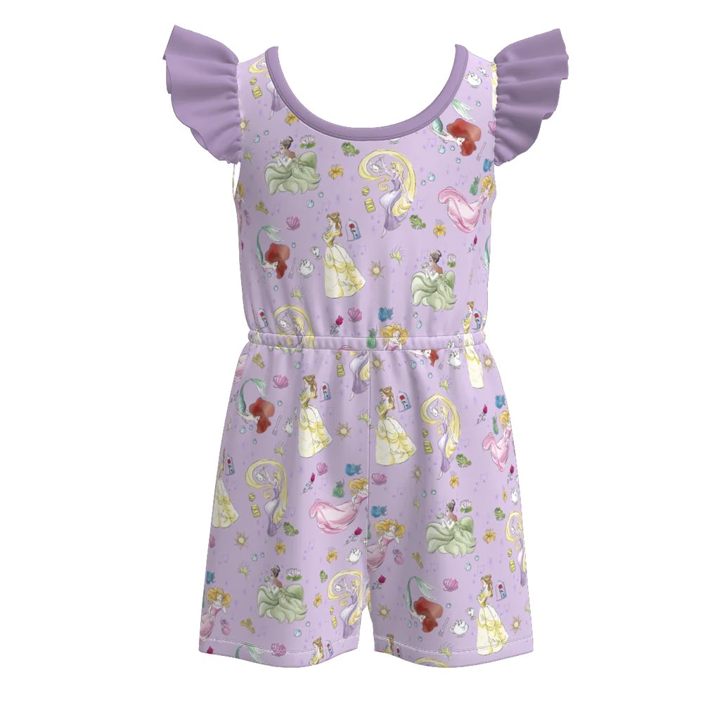 (Custom Design Preorder MOQ 5) Cartoon Princess Print Girls Summer Jumpsuits
