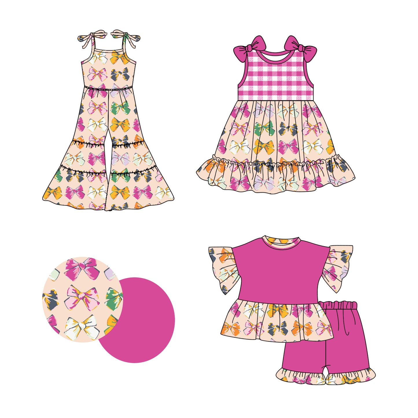 2.22(Custom Design Preorder MOQ 5 Each Design) Colorful Bows Print Girls Summer Matching Clothes Sisters Wear