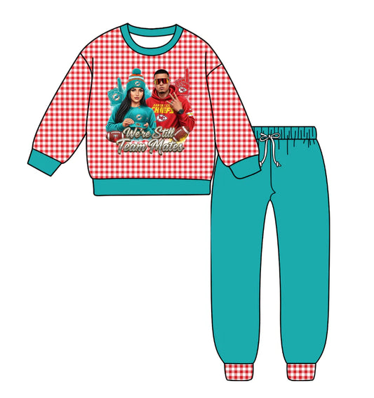 (Custom Design Preorder MOQ 5) Team's Chiefs Plaid Print Blue Pants Kids Fall Clothes Set