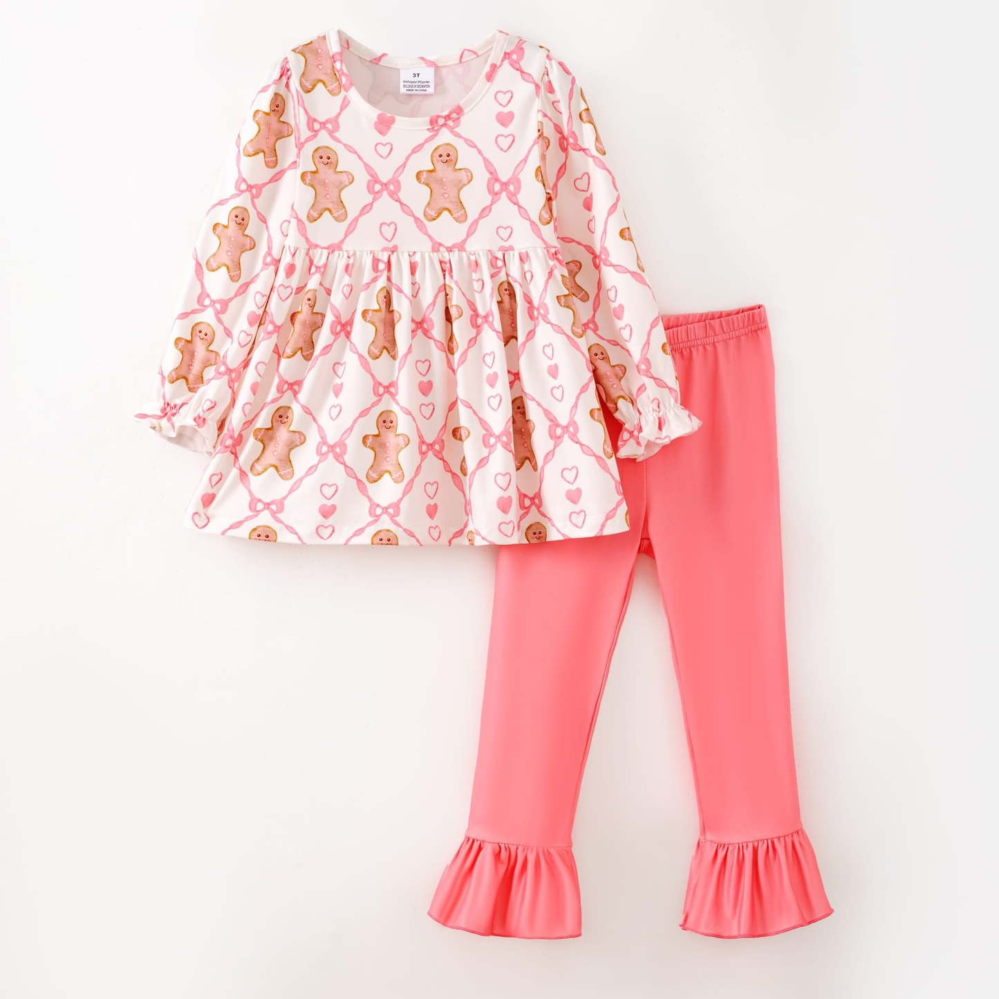 (Custom Design Preorder MOQ 5) Gingerbread Tunic Top Pink Pants Girls Christmas Clothes Set