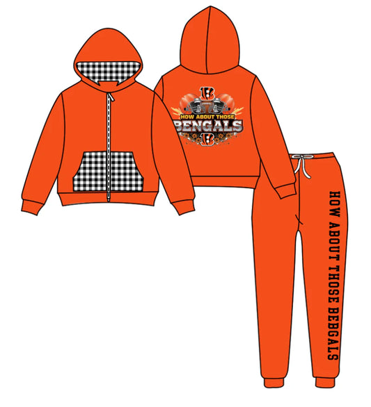 (Custom Design Preorder MOQ 5) Team's BENGALS Zipper Hoodie Top Orange Pants Kids Fall Clothes Set