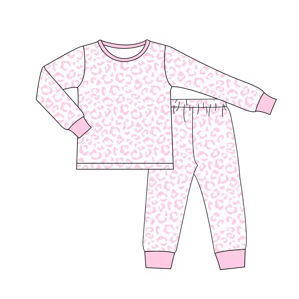 (Custom Design Preorder MOQ 5) Pink Leopard Print Girls Fall Pajamas Clothes Set