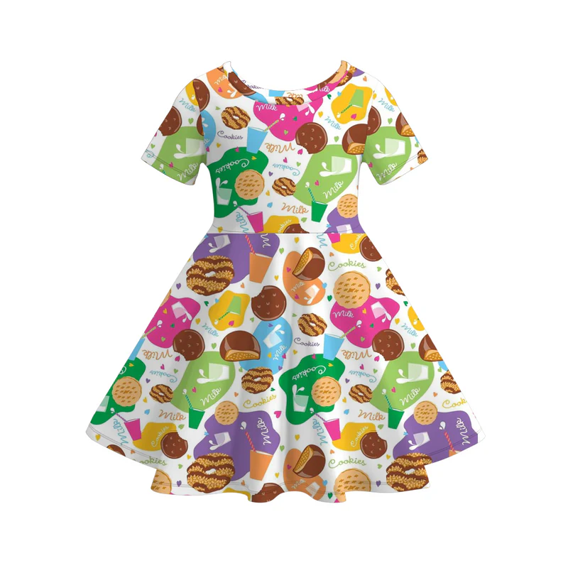 (Custom Design Preorder MOQ 5) Cookies Milk Print Girls Knee Length Summer Dress