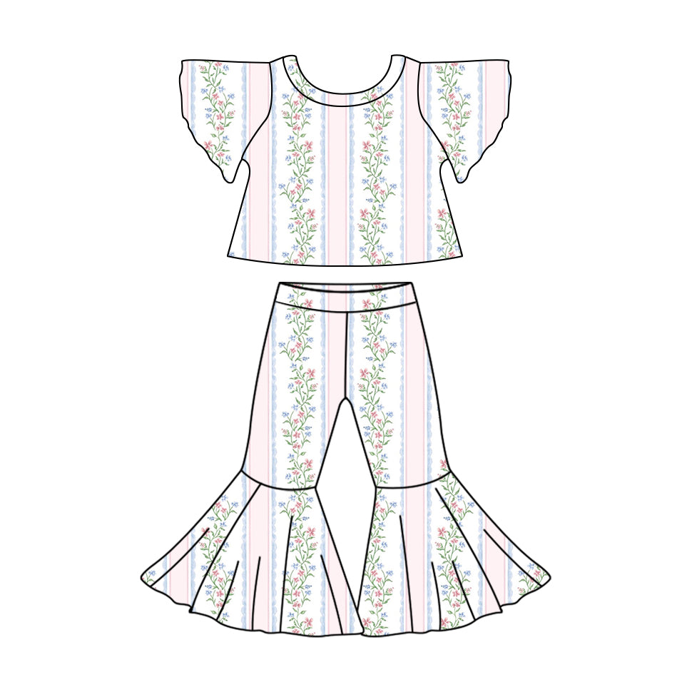 (Custom Design Preorder MOQ 5) Flowers Print Girls Easter Clothes Set