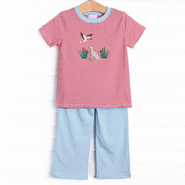 (Custom Design Preorder MOQ 5) Dog Duck Red Stripes Top Blue Pants Boys Clothes Set