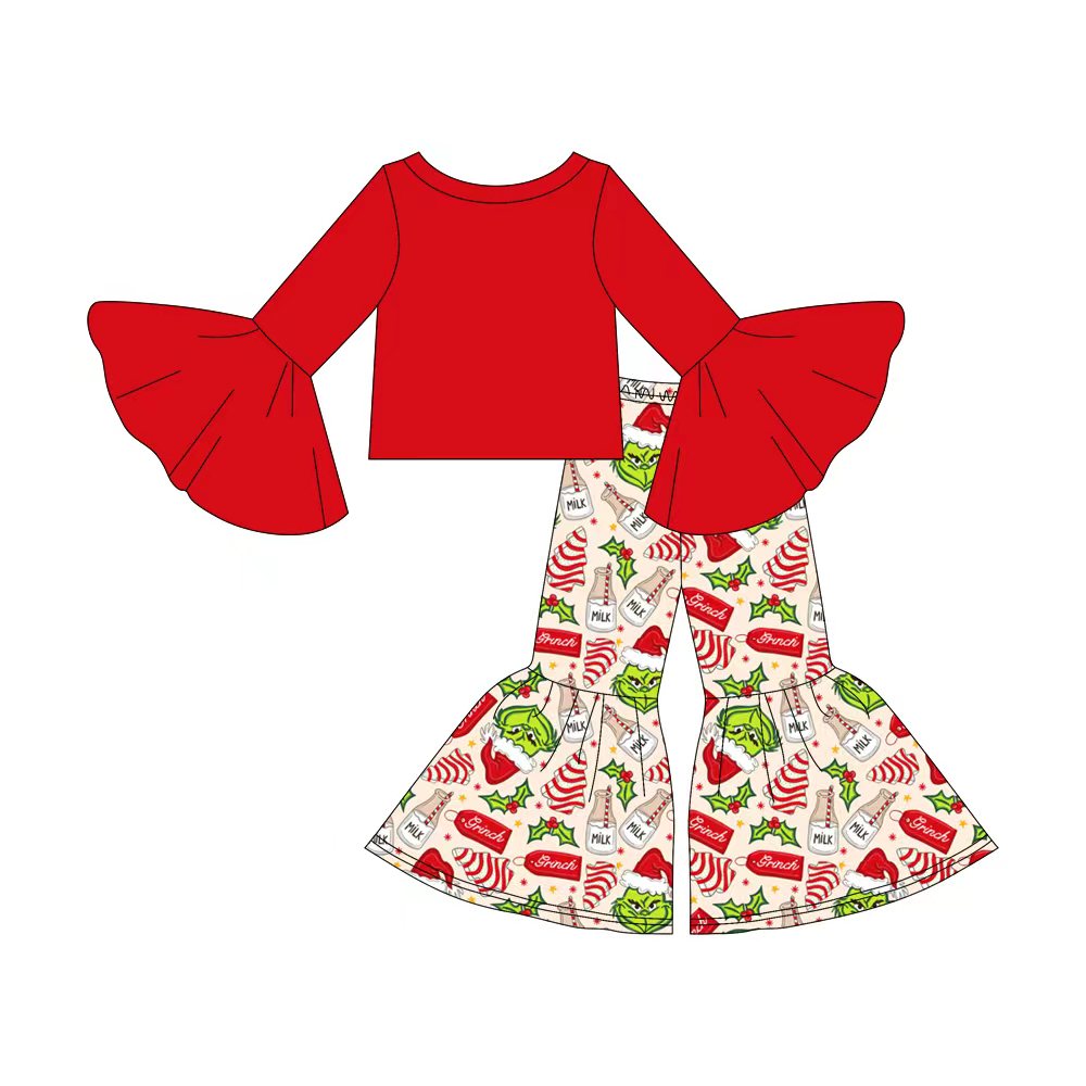 (Custom Design Preorder MOQ 5) Red Top Green Frog Milk Holly Cake Bell Pants Girls Christmas Clothes Set