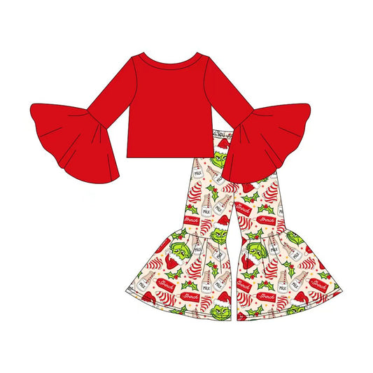 (Custom Design Preorder MOQ 5) Red Top Green Frog Milk Holly Cake Bell Pants Girls Christmas Clothes Set
