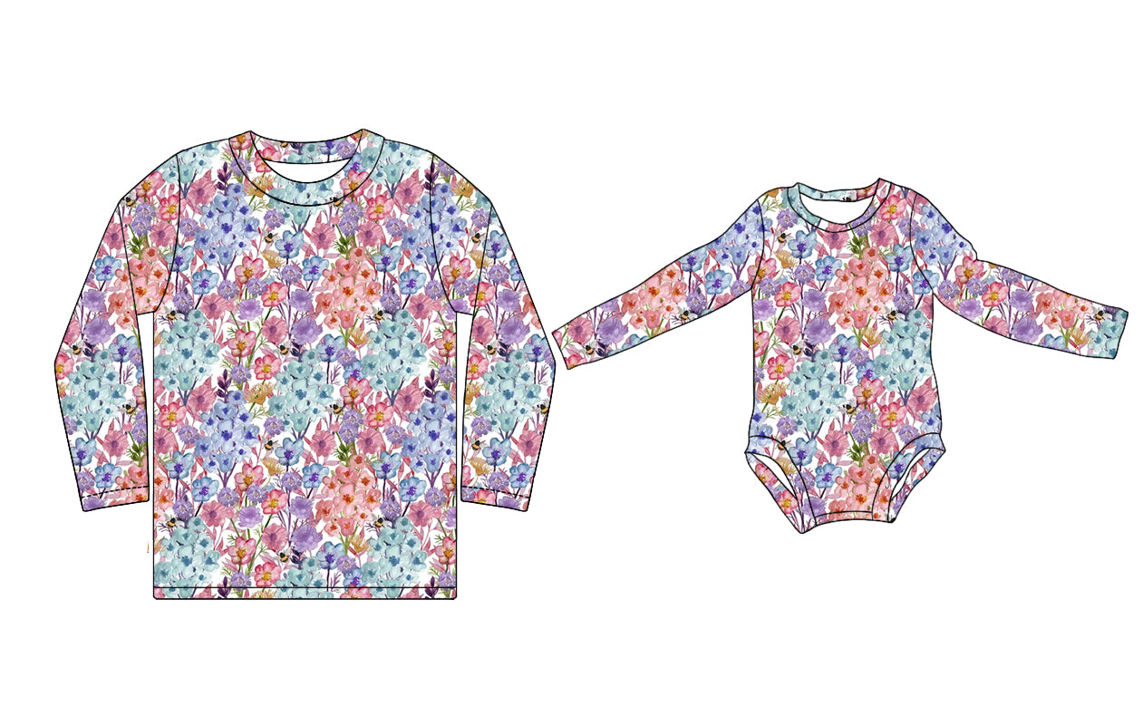 11.11(Custom Design Preorder MOQ 5 Each Design) Colorful Flowers Print Adult Top Baby Romper Mom and Me Matching Clothes