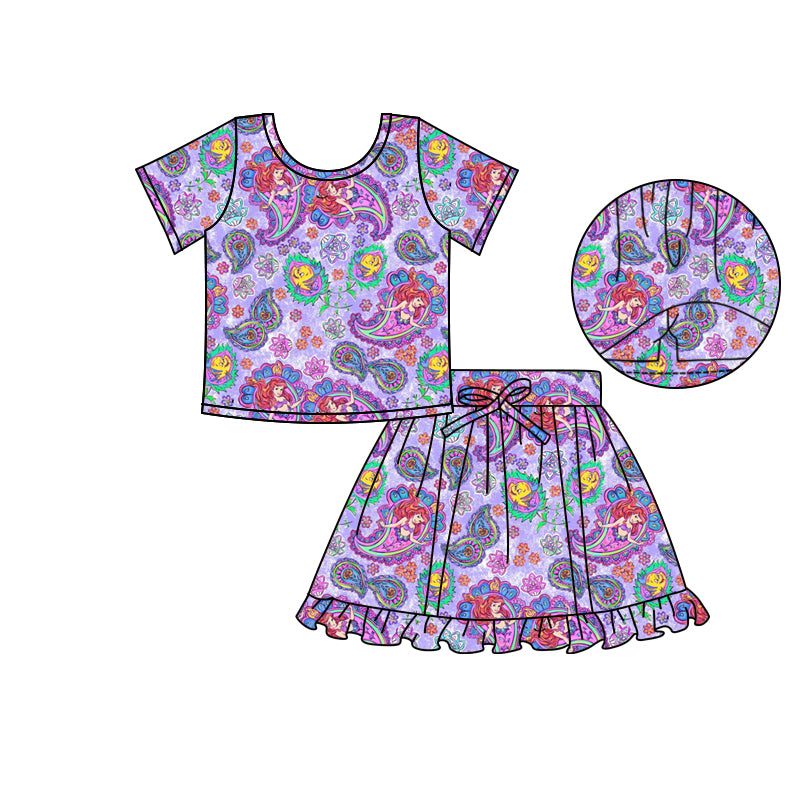 (Custom Design Preorder MOQ 5) Cartoon Princess Fish Top Skirts Shorts Girls Summer Clothes Set