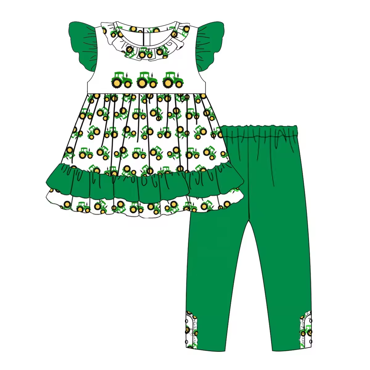 (Custom Design Preorder MOQ 5) Tractor Tunic Top Green Pants Girls Clothes Set