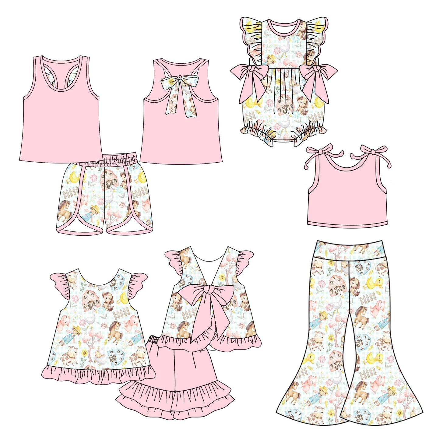 5.6(Custom Design Preorder MOQ 5 Each Design) Farm Animals Print Girls Summer Matching Clothes Sisters Wear