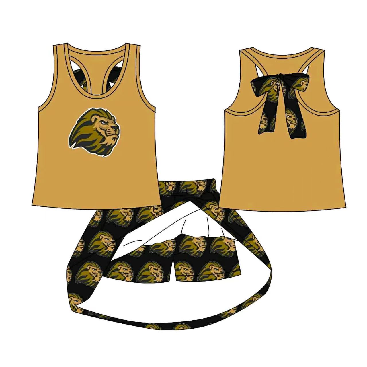 (Custom Design Preorder MOQ 5) Team's Lion Top Skirts Shorts Girls Summer Clothes Set