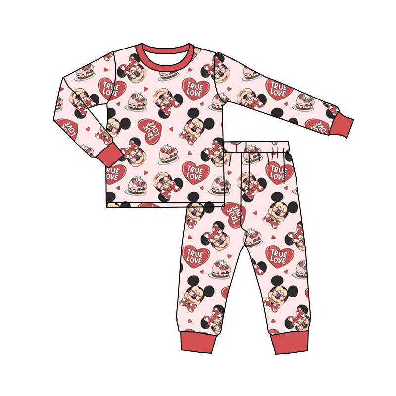 (Custom Design Preorder MOQ 5) Cartoon Mouse Heart Print Girls Valentine's Day Pajamas Clothes Set