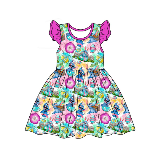 (Custom Design Preorder MOQ 5) Cartoon Stitc* Eggs Print Girls Easter Knee Length Dress