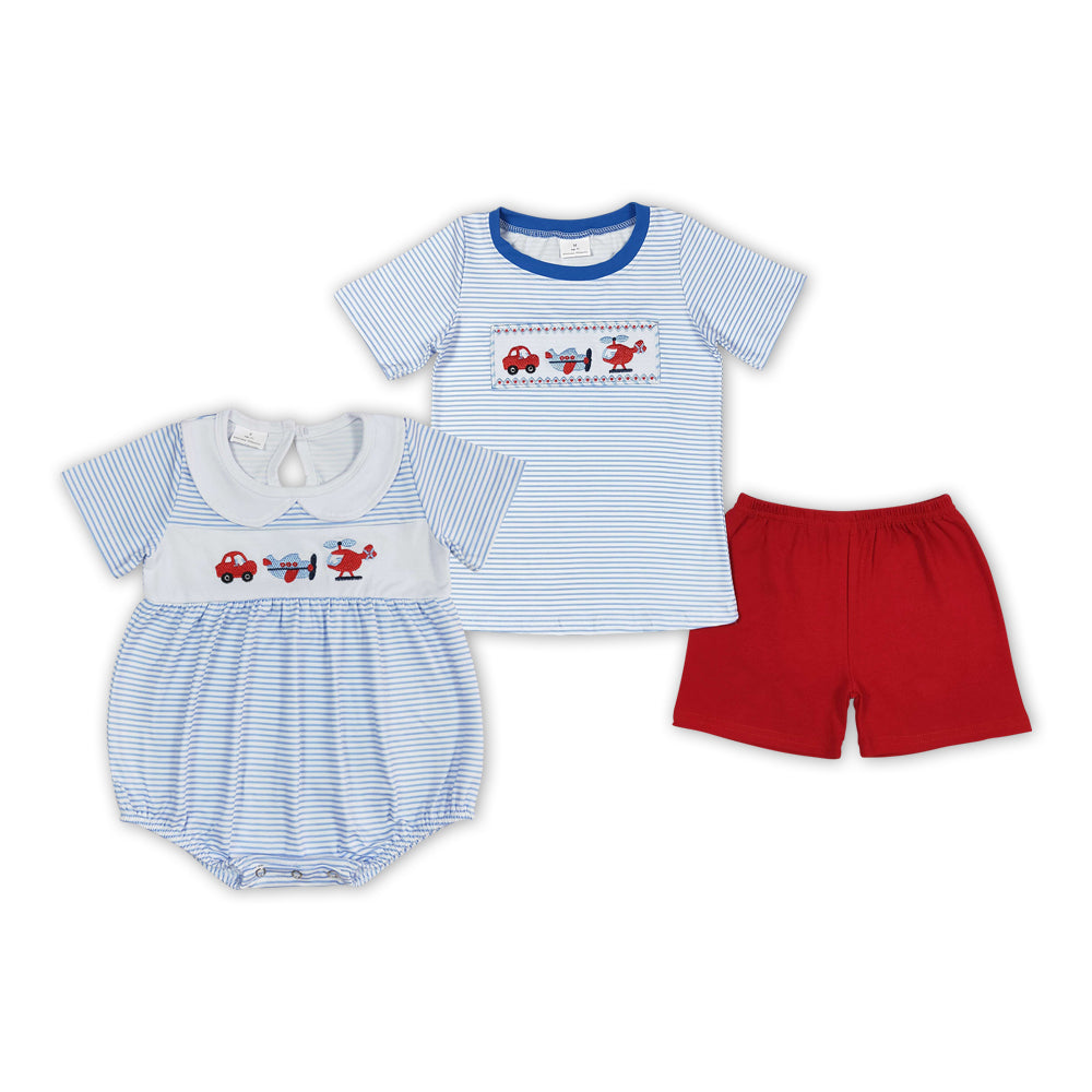 Car Plane Embroidery Blue Stripes Print Brothers Summer Matching Clothes